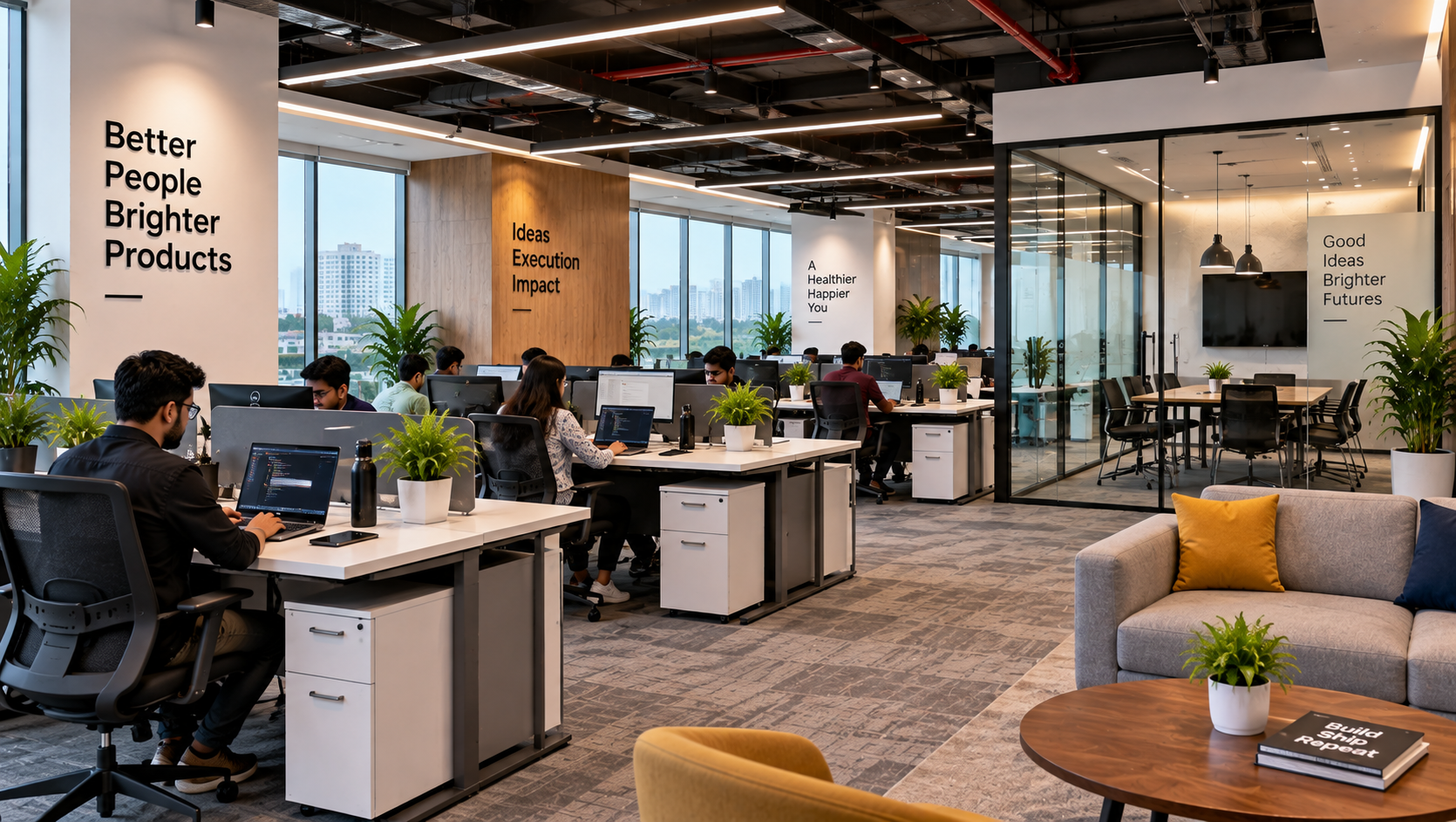 Technology company office workspace with breakout area