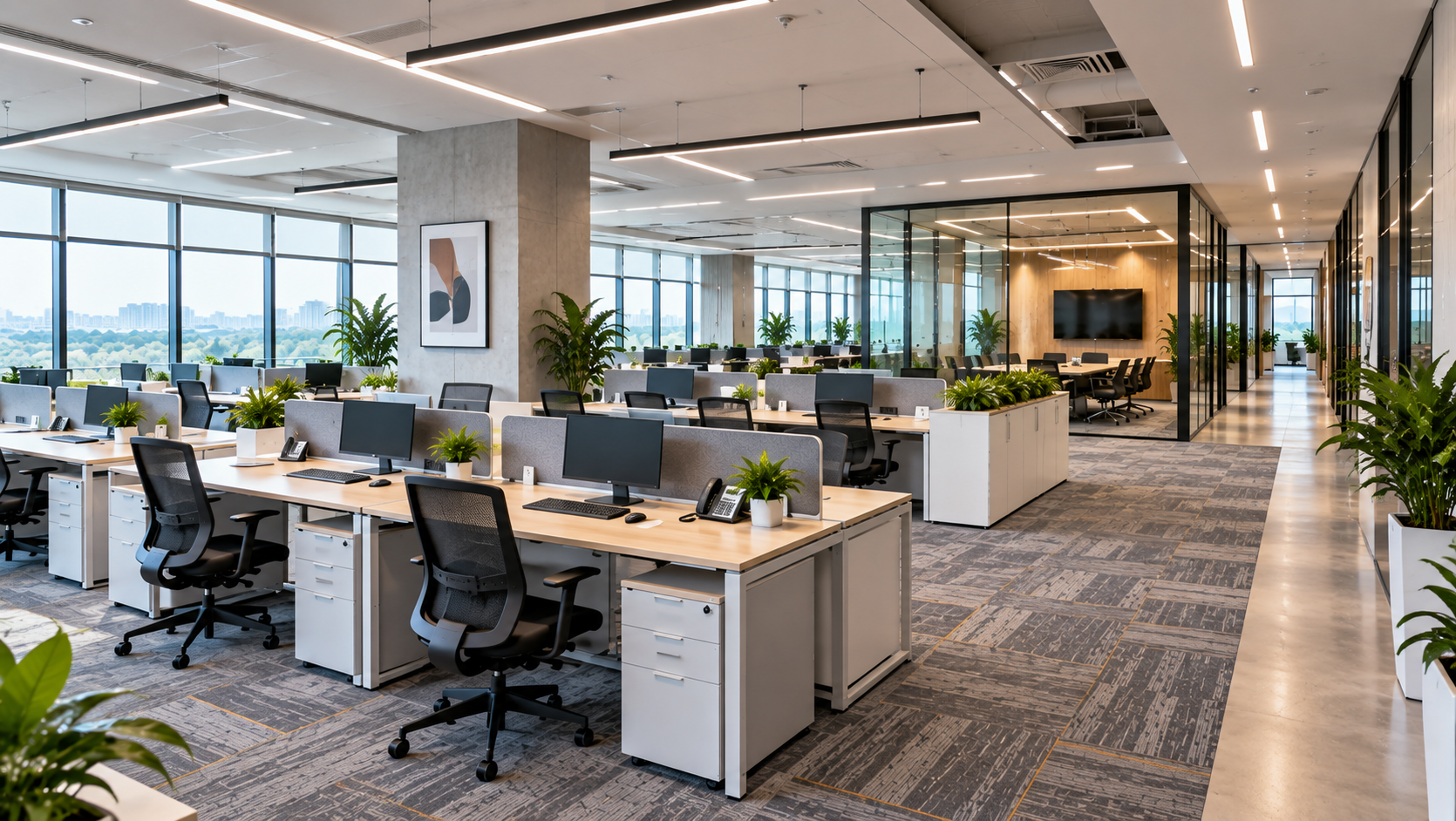 Modular workstations installed across an office floor
