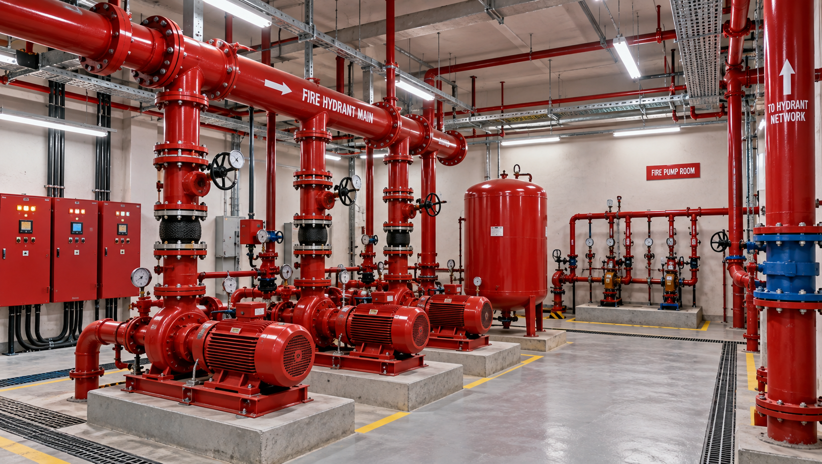 Fire pump room with hydrant main and pump sets